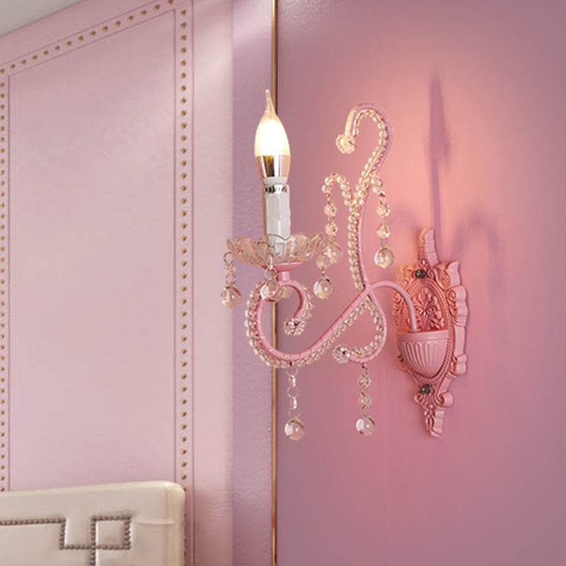 Metallic Scroll Arm Wall Lamp Modernist 1/2 Lights Wall Light with Crystal Orb Deco in Pink