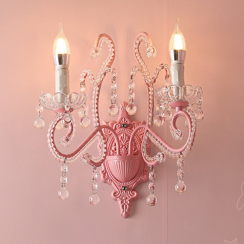 Metallic Scroll Arm Wall Lamp Modernist 1/2 Lights Wall Light with Crystal Orb Deco in Pink