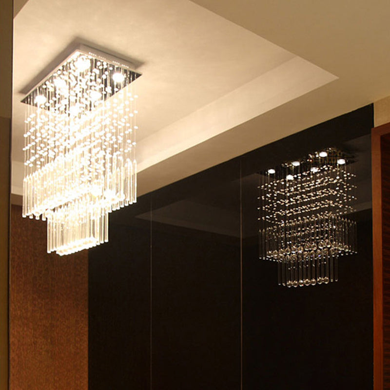 Clear Crystal Cascade Flush Light Simple 6 Lights Nickel Close to Ceiling Lighting Fixture for Restaurant