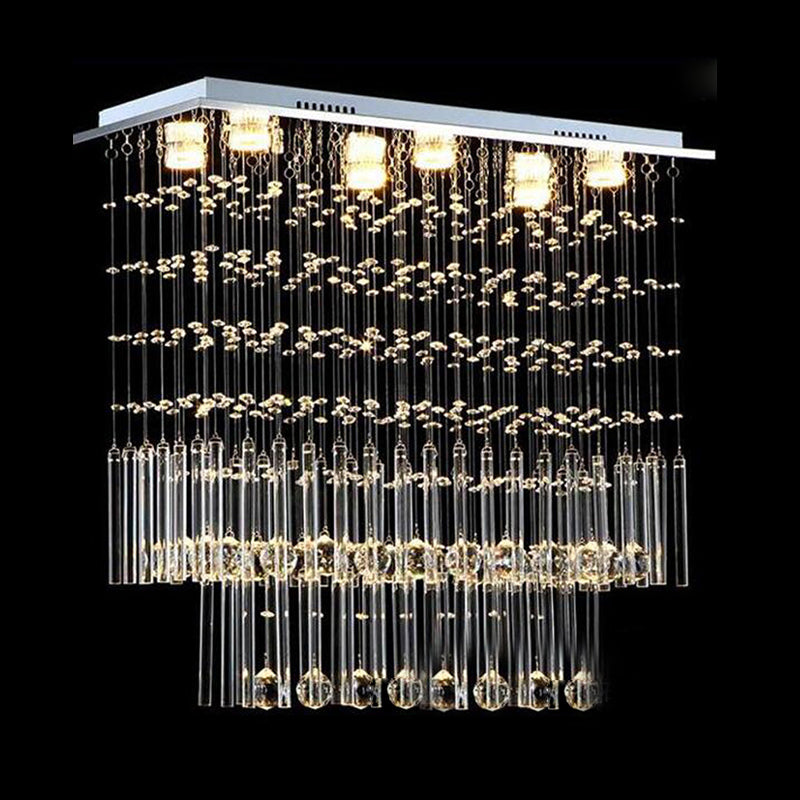 Clear Crystal Cascade Flush Light Simple 6 Lights Nickel Close to Ceiling Lighting Fixture for Restaurant