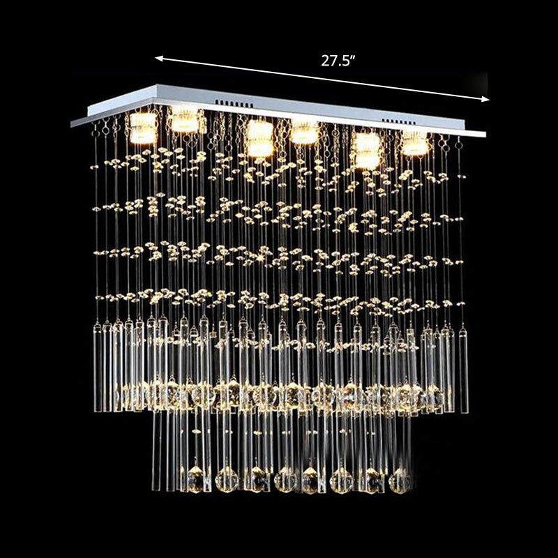 Clear Crystal Cascade Flush Light Simple 6 Lights Nickel Close to Ceiling Lighting Fixture for Restaurant