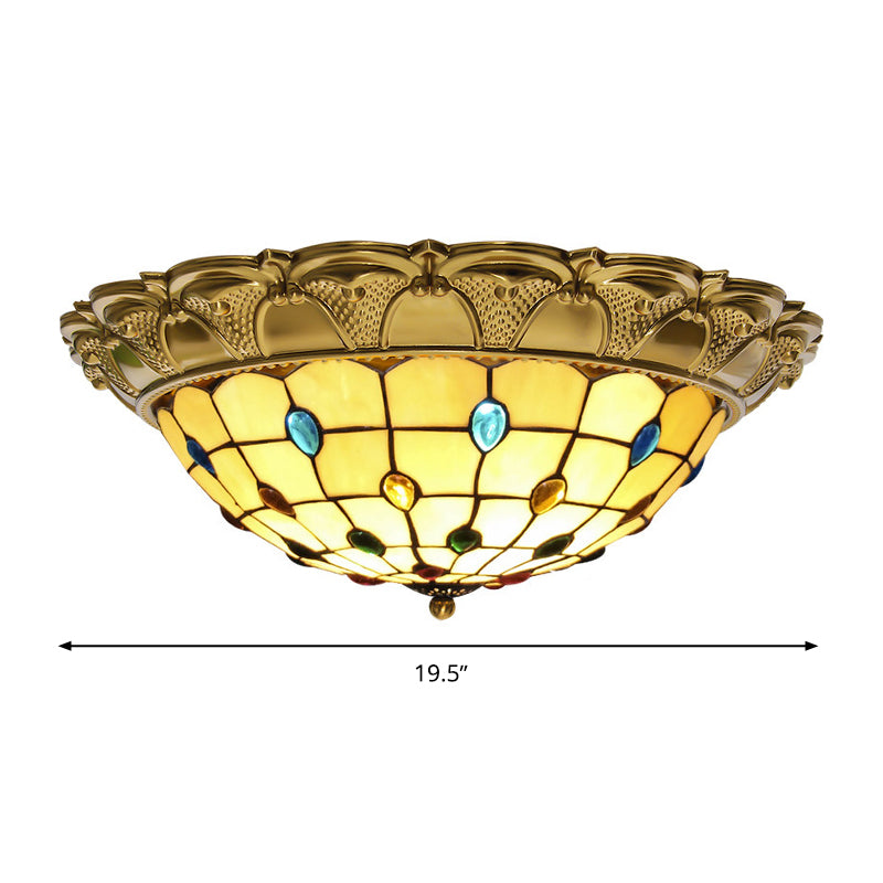 Lattice Bowl Flushmount LED Stained Glass Tiffany Style Beaded Patterned Ceiling Fixture in Brass, 15"/16"/19.5" Wide