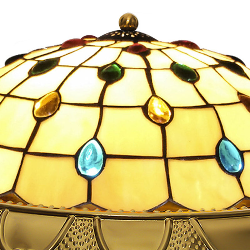 Lattice Bowl Flushmount LED Stained Glass Tiffany Style Beaded Patterned Ceiling Fixture in Brass, 15"/16"/19.5" Wide