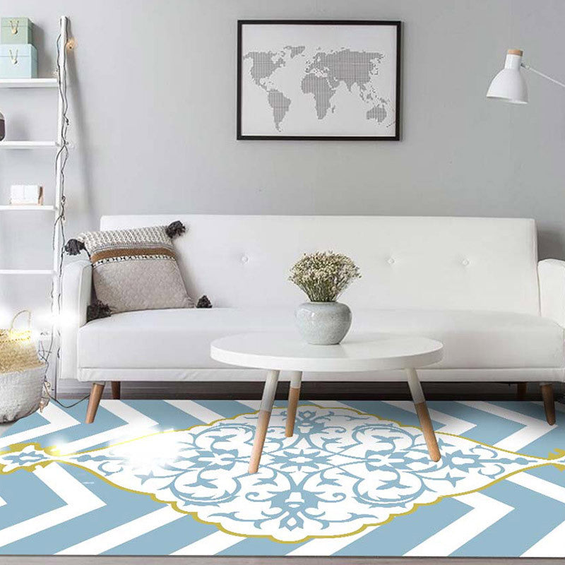 Blue and White Moroccan Rug Polyester Medallion Pattern Rug Pet Friendly Washable Anti-Slip Backing Carpet for Decoration