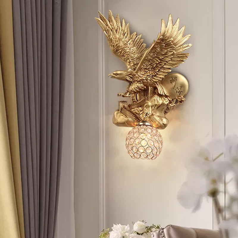 Eagle Living Room Wall Light Fixture Rustic Resin Single Head Gold Wall Sconce Lighting with Orb K9 Crystal