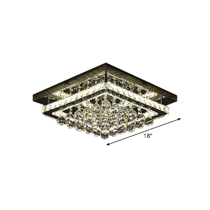 Square Close to Ceiling Lamp Simplicity Crystal Block and Orbs Sleeping Room LED Semi Flush in Chrome