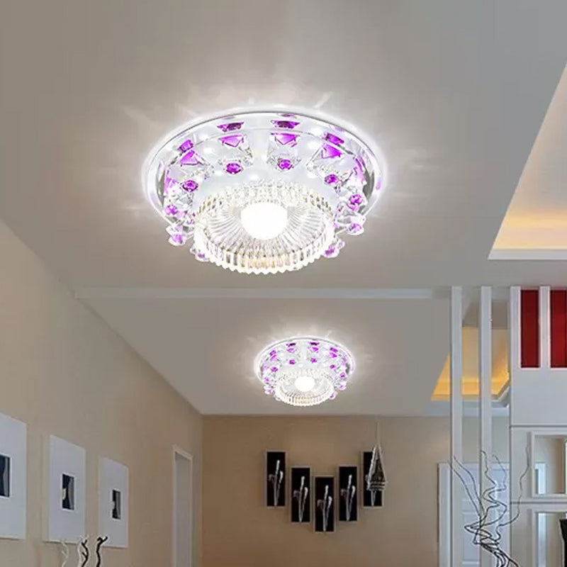 Crystal Cubic Flush Mount Fixture Minimalist LED Ceiling Light in Blue/Purple with Inner Bowl Clear Ribbed Glass Shade