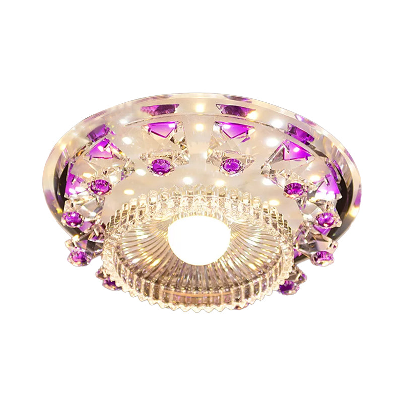 Crystal Cubic Flush Mount Fixture Minimalist LED Ceiling Light in Blue/Purple with Inner Bowl Clear Ribbed Glass Shade