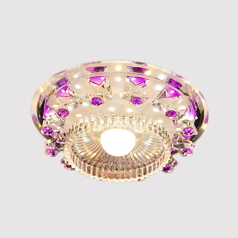 Crystal Cubic Flush Mount Fixture Minimalist LED Ceiling Light in Blue/Purple with Inner Bowl Clear Ribbed Glass Shade