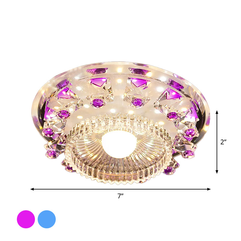 Crystal Cubic Flush Mount Fixture Minimalist LED Ceiling Light in Blue/Purple with Inner Bowl Clear Ribbed Glass Shade