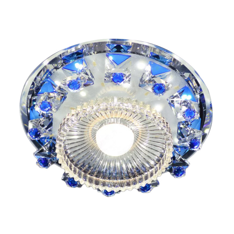 Crystal Cubic Flush Mount Fixture Minimalist LED Ceiling Light in Blue/Purple with Inner Bowl Clear Ribbed Glass Shade