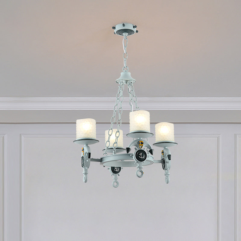 Anchor Suspension Light Modernism Resin 4 Lights Blue Pendant Chandelier with Cylindrical Dimpled Glass Shade