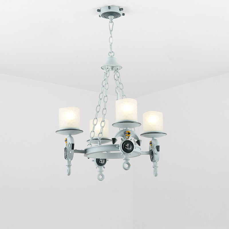 Anchor Suspension Light Modernism Resin 4 Lights Blue Pendant Chandelier with Cylindrical Dimpled Glass Shade