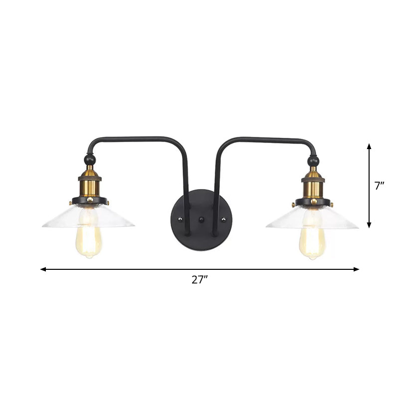 Industrial Conic/Wavy/Flare Sconce Light Glass and Metal Black 2 Bulb Wall Mount Lamp for Indoor