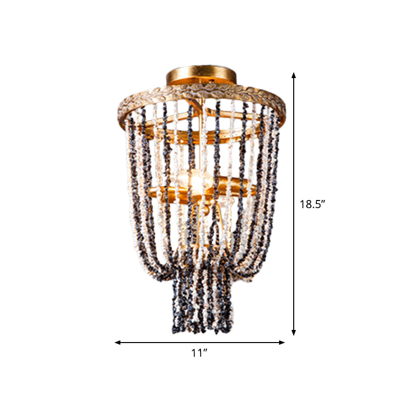 Basket Dining Room Flush Lighting Antiqued Metal 2 Lights Brass Flushmount with Stone Chain