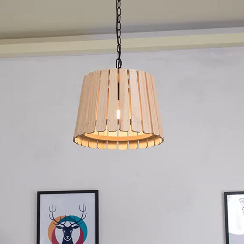 Single Pendant Lamp Rustic Hollowed Barrel Wood Hanging Ceiling Light with Chain over Table