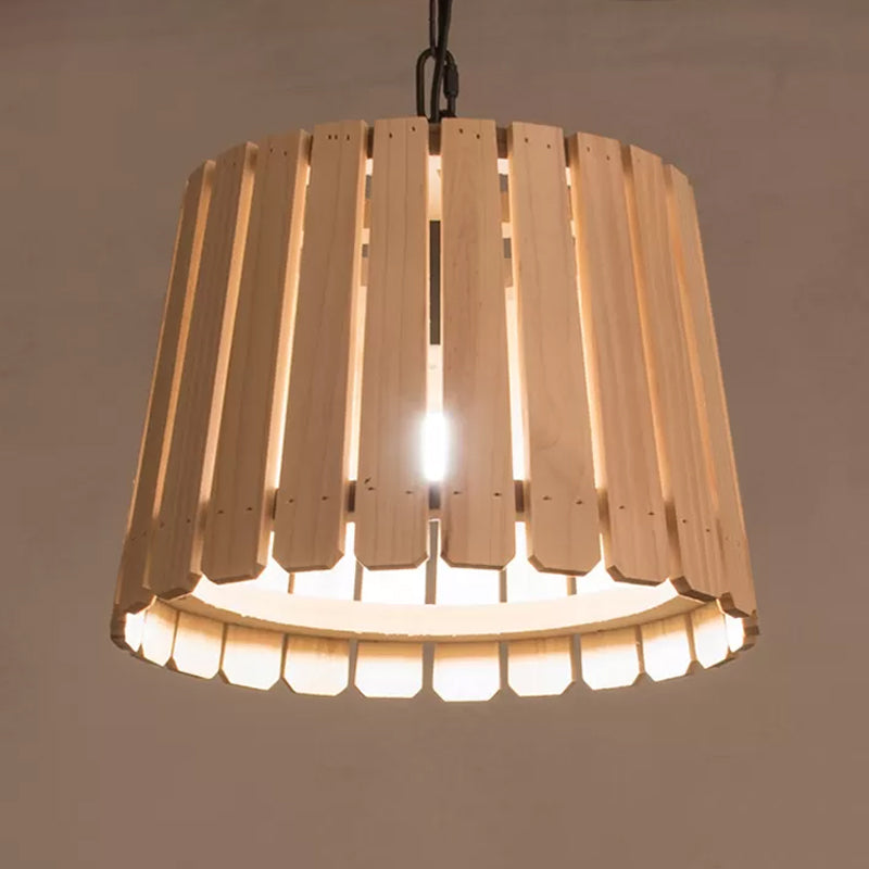 Single Pendant Lamp Rustic Hollowed Barrel Wood Hanging Ceiling Light with Chain over Table