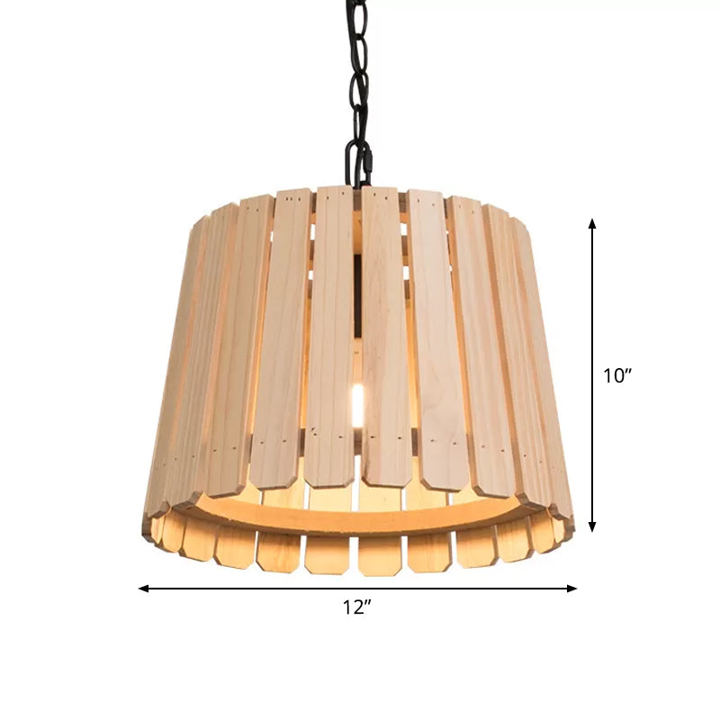Single Pendant Lamp Rustic Hollowed Barrel Wood Hanging Ceiling Light with Chain over Table
