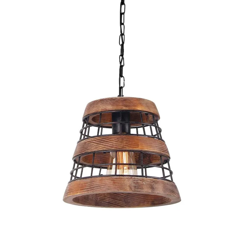 Colgante de cocina cónica de metal rural 1 cabeza de madera oscura accesorio de iluminación suspendida con protector de alambre