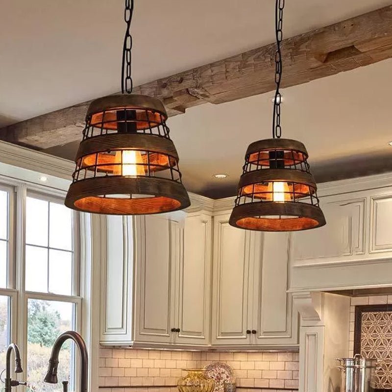 Tapered Kitchen Pendant Light Rural Metal 1 Head Dark Wood Suspended Lighting Fixture with Wire Guard