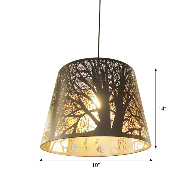 Black 1 Head Hanging Pendant Rustic Metal Wire Cage/Etched Tree Patterned Drum Shade Drop Lamp for Dining Room