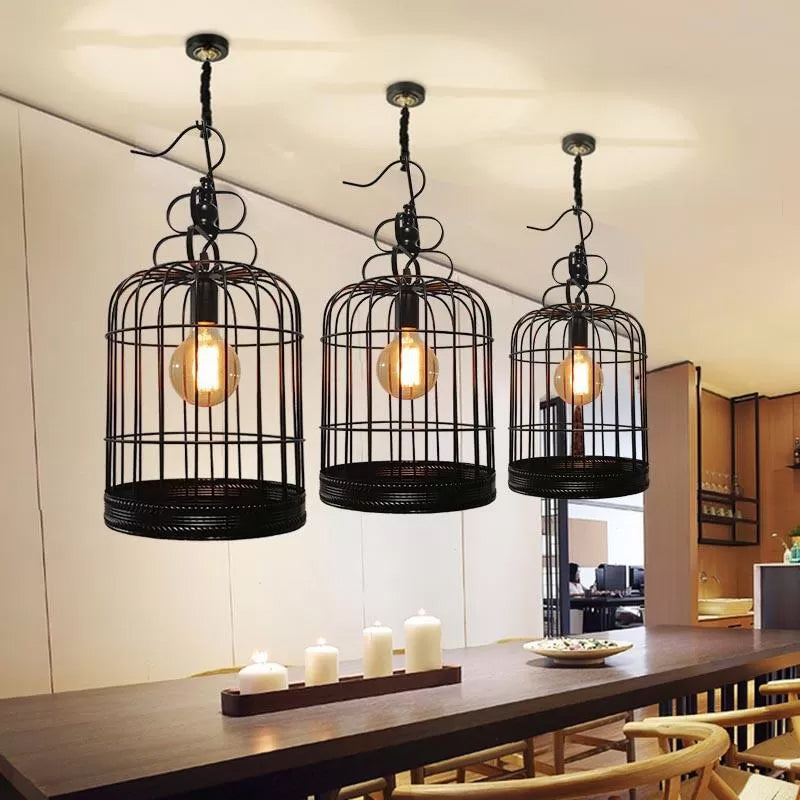 Black/White Birdcage Drop Lamp Rustic Metal 8"/10"/16" Wide Single Dining Room Ceiling Pendant Light