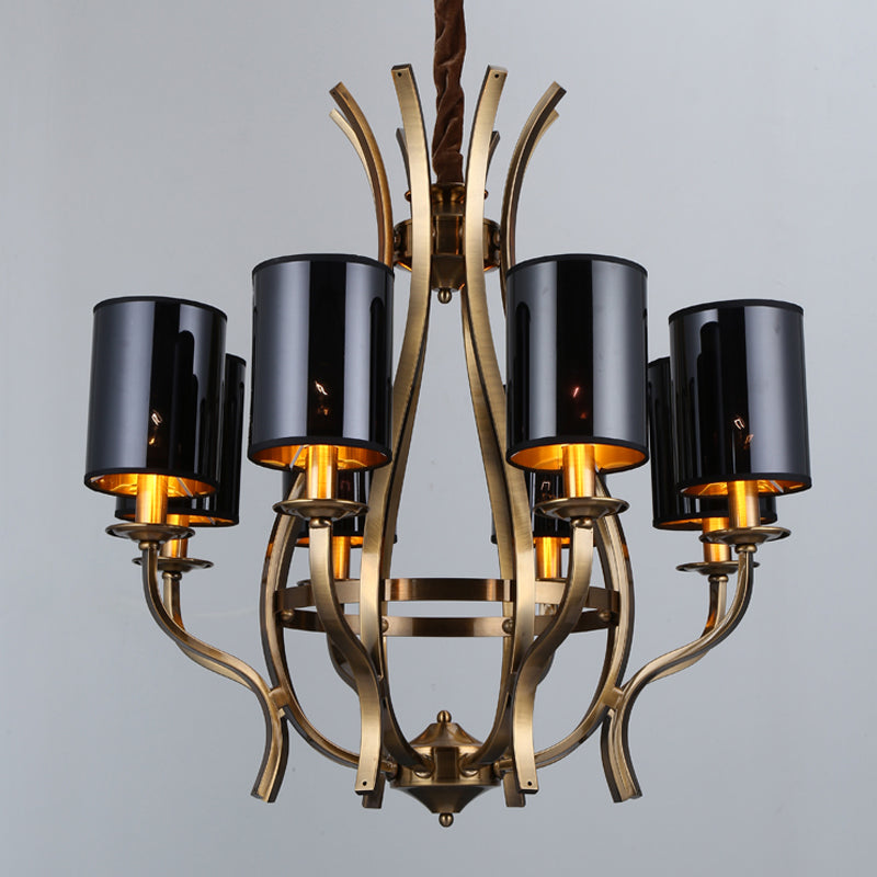 6/8 Lights Cylinder Chandelier Farmhouse Black Fabric Hanging Ceiling Lamp with Iron Vase Design