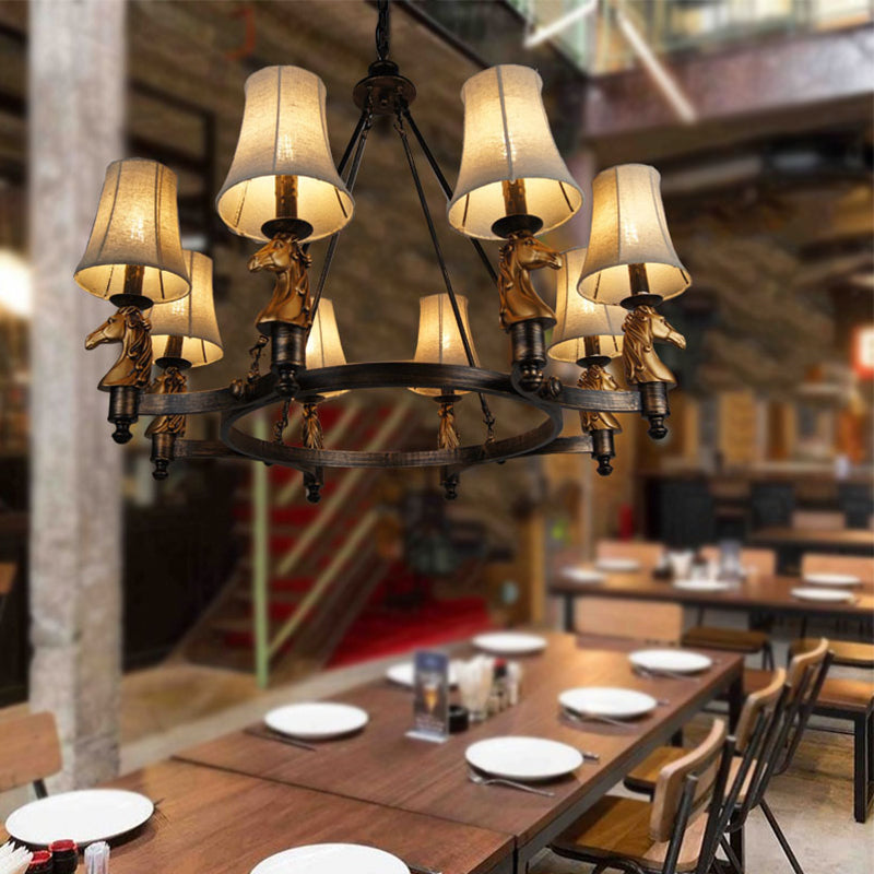 6/8 Lights Hanging Lamp Country Tapered Fabric Chandelier Lighting Fixture in White for Dining Room with Horse Head Deco
