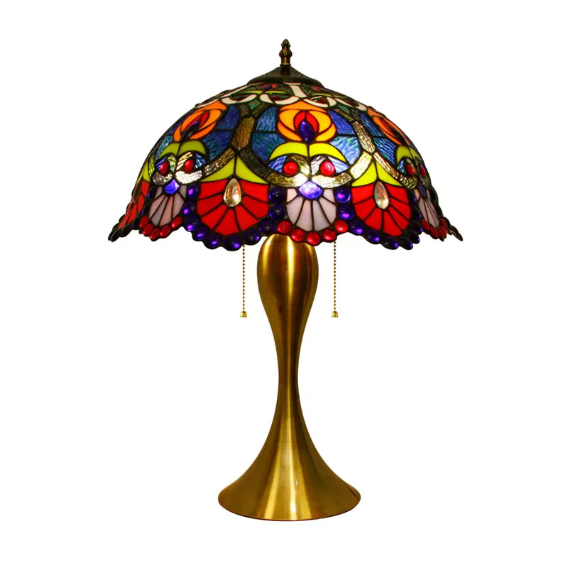 Victorian Dome Night Light 1 Bulb Stained Glass Desk Lighting with Beaded Deco in Brass, Pull Chain