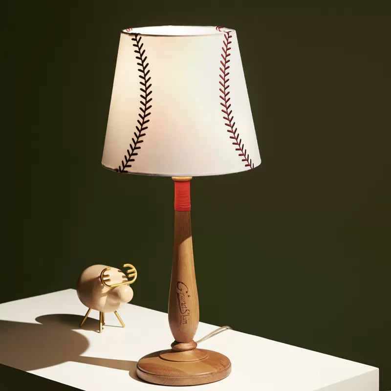Conical Fabric Table Light Modernism 1-Light Brown/Wood Nightstand Lamp with Baseball Design