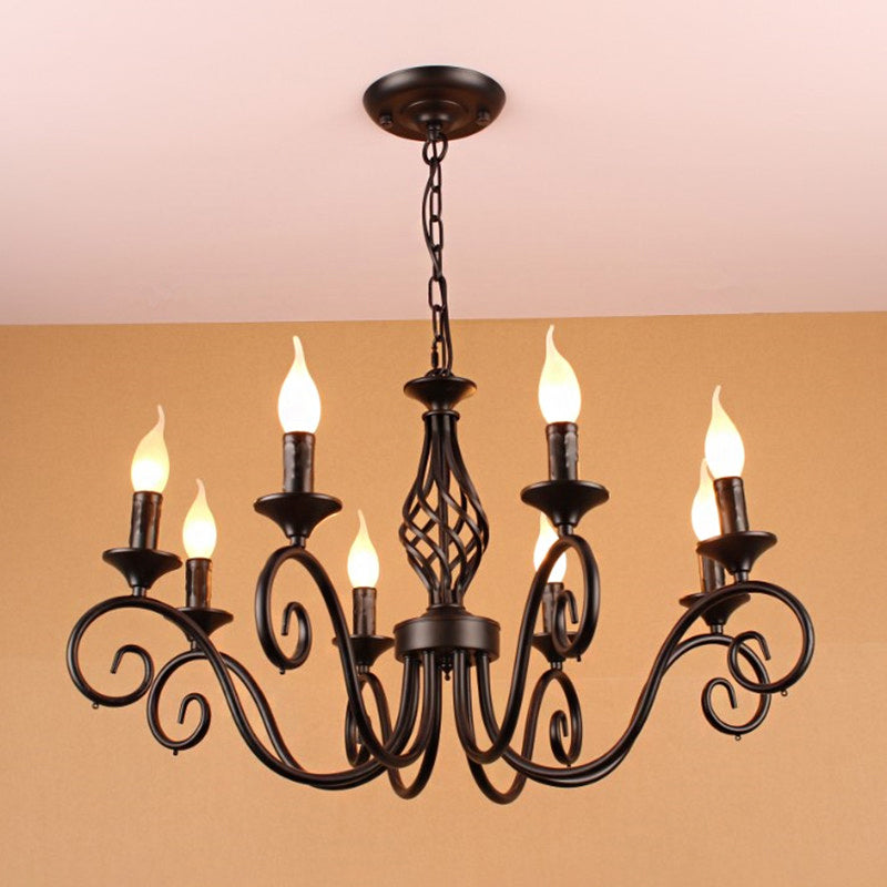8 Bulbs Curly Arm Pendant Chandelier Vintage Black/White/Blue Metal Ceiling Suspension Lamp for Living Room