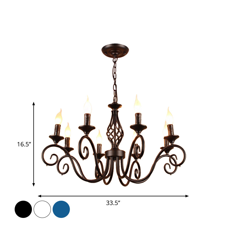 8 Bulbs Curly Arm Pendant Chandelier Vintage Black/White/Blue Metal Ceiling Suspension Lamp for Living Room