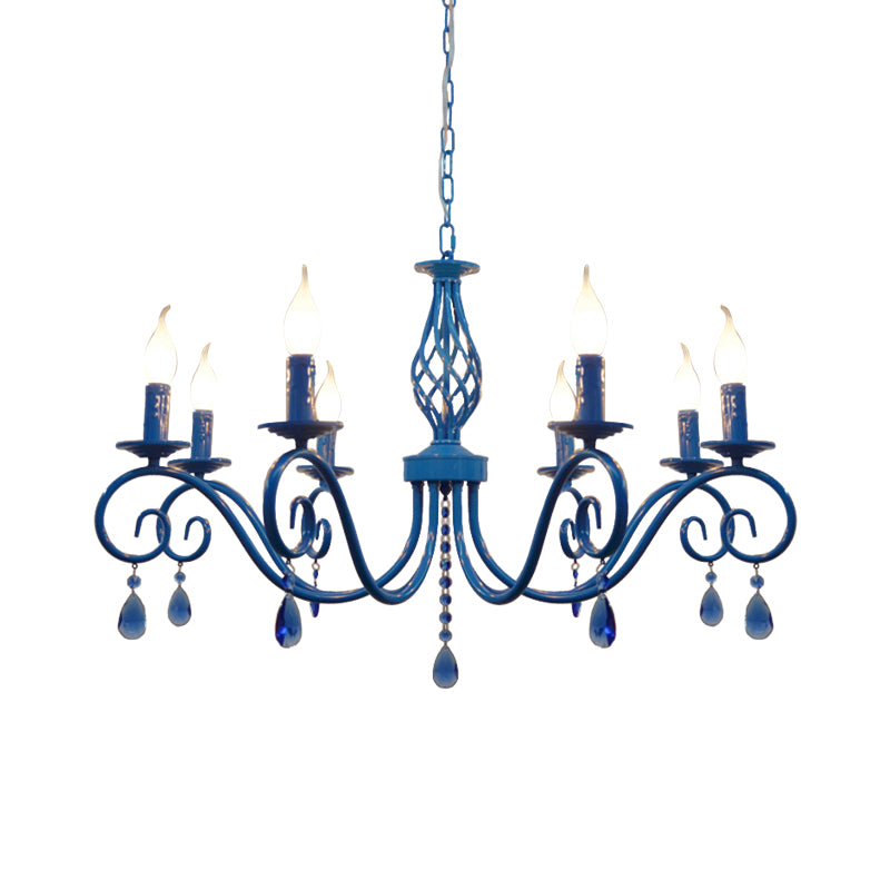 8 Bulbs Curly Arm Pendant Chandelier Vintage Black/White/Blue Metal Ceiling Suspension Lamp for Living Room
