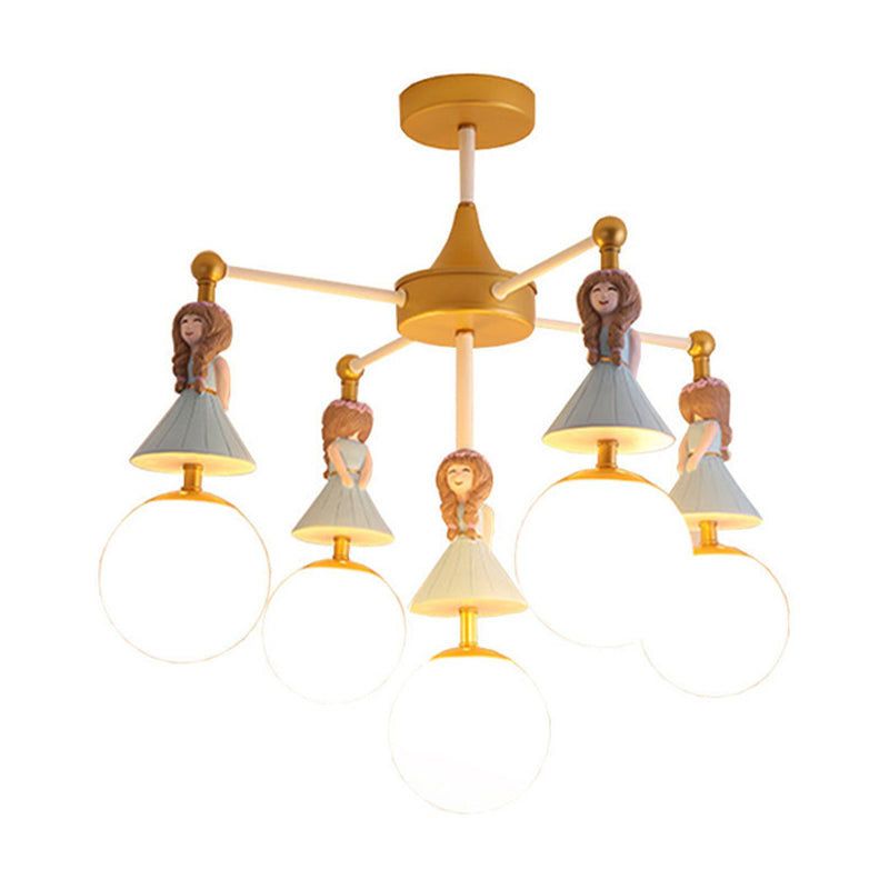 Child Bedroom Little Girls Chandelier with Globe Shade Wood 5 Lights Kids Pendant Light