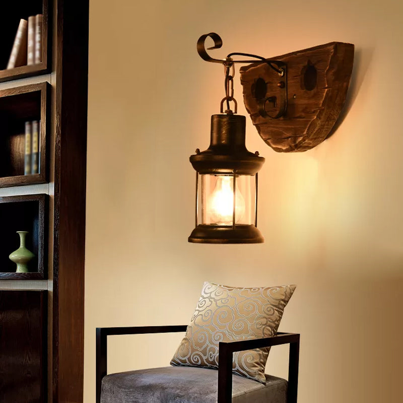 Lantern/Kerosene Living Room Wall Lamp Nautical Wood 1 Bulb Brown Wall Mount Light with Gourd/Half-Round Wood Backplate