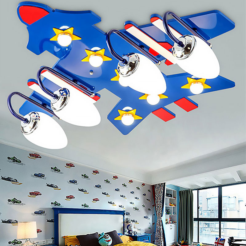 Lampada da soffitto per aereo in stile americano in legno 4 luci blu per montaggio a soffitto per camera da letto per ragazzi