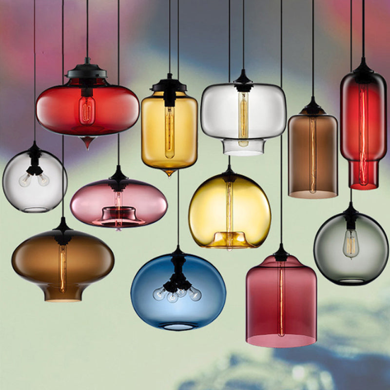 1 Glühbirnenzylindrische hängende leichte industrielle klare/blau/bernsteinfarbene Glasdecke Anhängerlampe für das Restaurant
