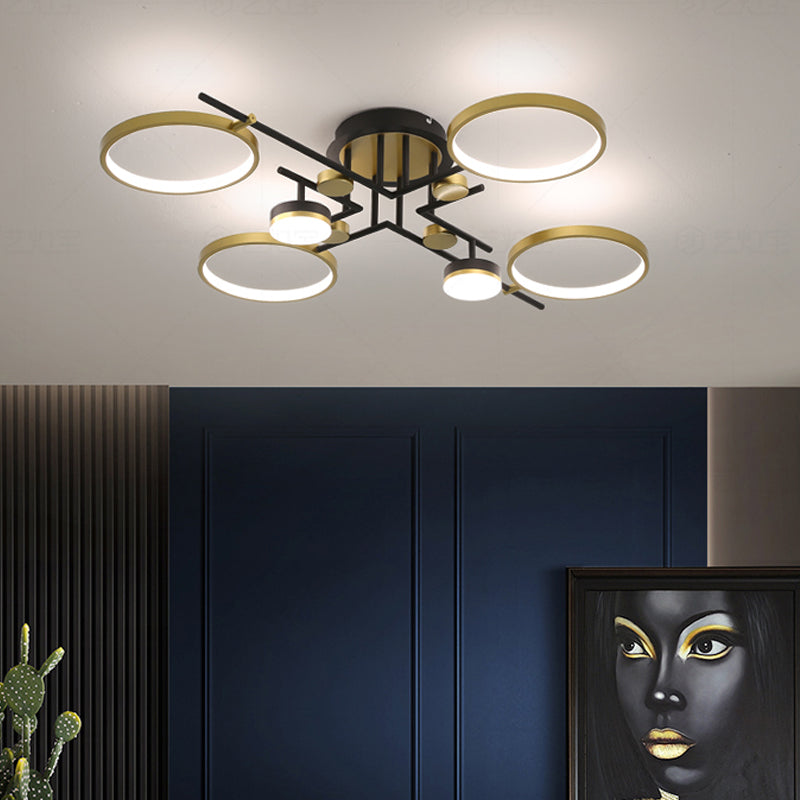 Modern 4/6-Light Semi Flush Mount Gold Hoop Ceiling Mount Chandelier with Metal Frame in Warm/White/3 Color Light