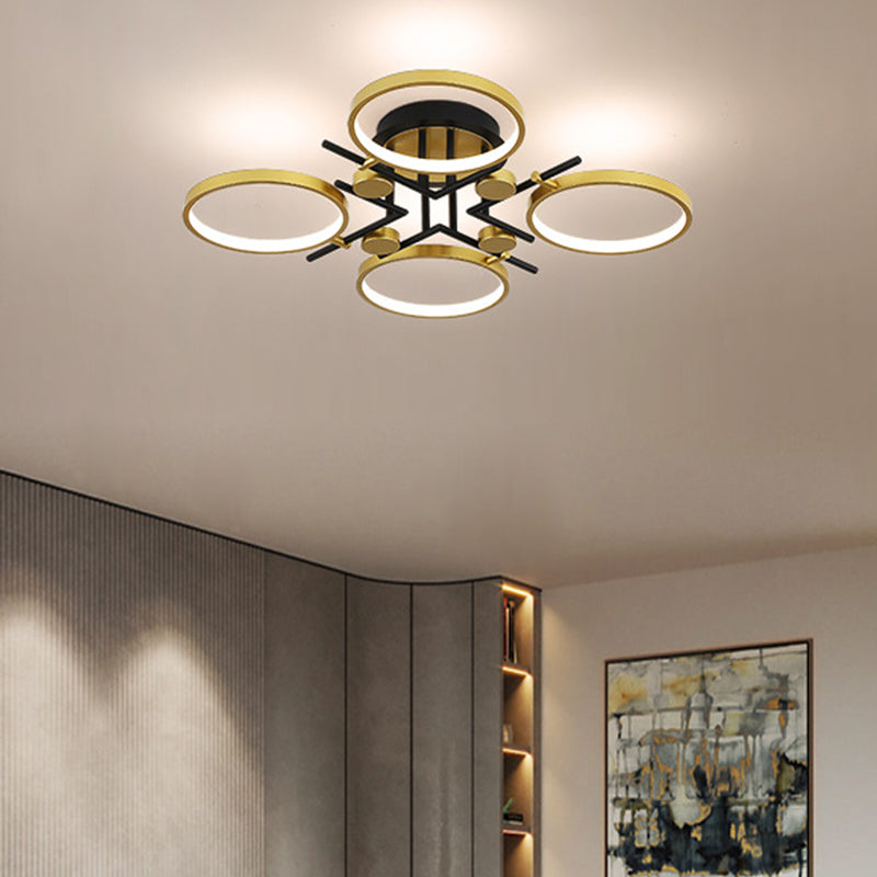 Modern 4/6-Light Semi Flush Mount Gold Hoop Ceiling Mount Chandelier with Metal Frame in Warm/White/3 Color Light