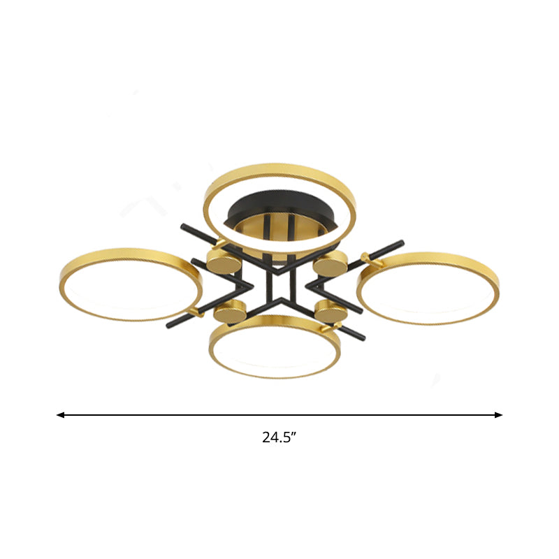Modern 4/6-Light Semi Flush Mount Gold Hoop Ceiling Mount Chandelier with Metal Frame in Warm/White/3 Color Light
