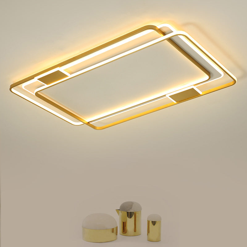 Double Square/Rectangle Parlor Ceiling Lamp Metal Minimalist LED Flush Mount Light in Gold, Warm/White Light