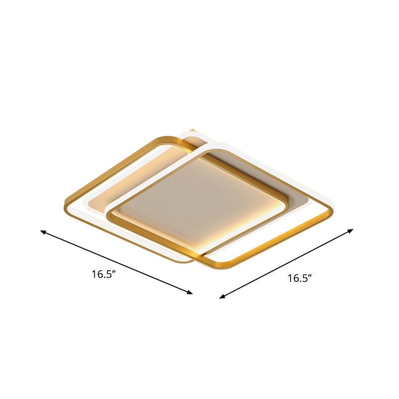 Double Square/Rectangle Parlor Ceiling Lamp Metal Minimalist LED Flush Mount Light in Gold, Warm/White Light