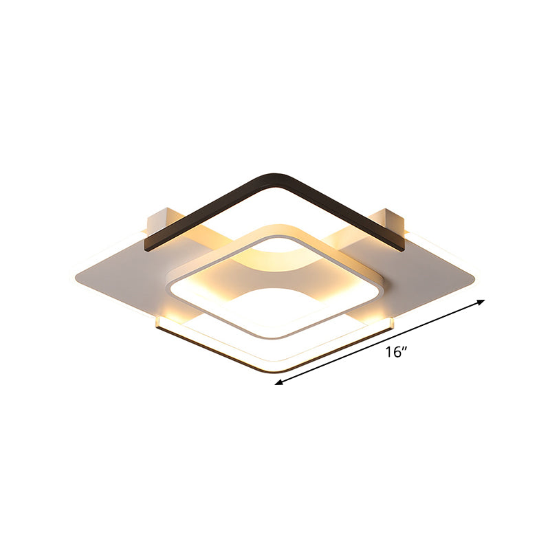 Minimalism LED Ceiling Flush Mount Black and White Square Flush Light with Acrylic Shade in Warm/White/3 Color Light, 16"/19.5" Wide