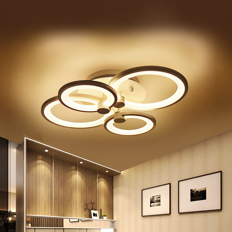 Multiple-Ring Metal Ceiling Lighting Modernist 4/6/8-Bulb Black/White LED Semi Flush Light for Living Room