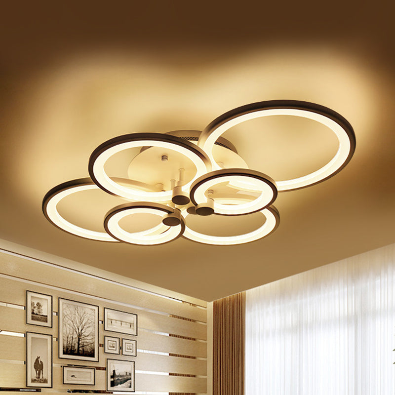 Multiple-Ring Metal Ceiling Lighting Modernist 4/6/8-Bulb Black/White LED Semi Flush Light for Living Room