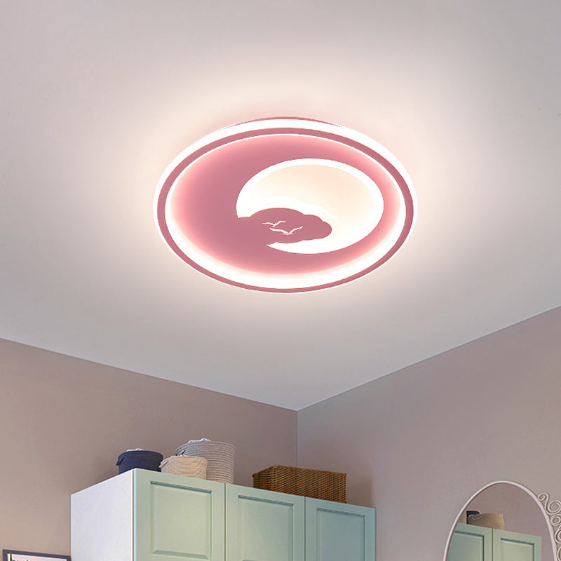 Pink/White Circle LED Ceiling Fixture Modern 16"/19.5" Dia LED Acrylic Flush Mount Light with Moon and Bird Pattern, Warm/White Light
