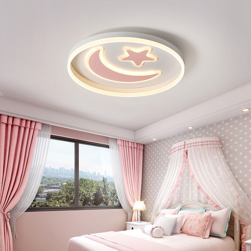 Kids Circular Flush Mount Lighting Acrylic Bedroom LED Ceiling Light with Moon-Star Pattern in Black/White/Pink