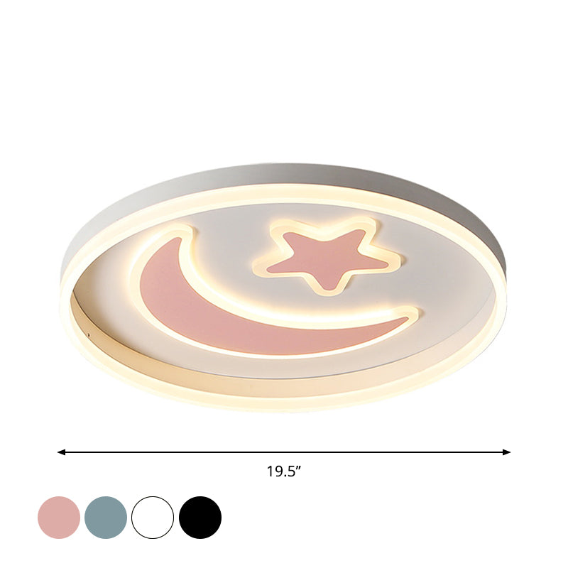 Kids Circular Flush Mount Lighting Acrylic Bedroom LED Ceiling Light with Moon-Star Pattern in Black/White/Pink