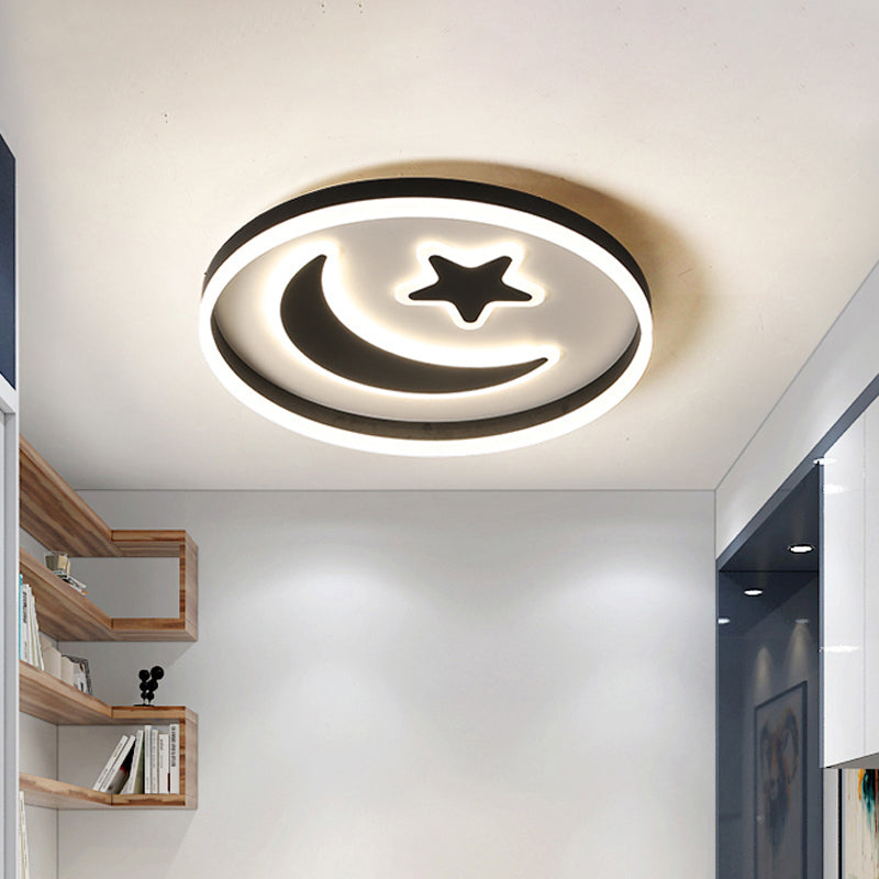 Kids Circular Flush Mount Lighting Acrylic Bedroom LED Ceiling Light with Moon-Star Pattern in Black/White/Pink