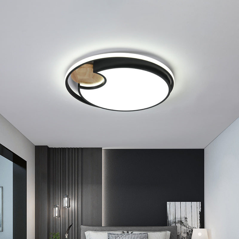 Black Circular LED Ceiling Lighting Modern LED Acrylic Flush Mounted Light with Circular Wood Cut, White/3 Color Light